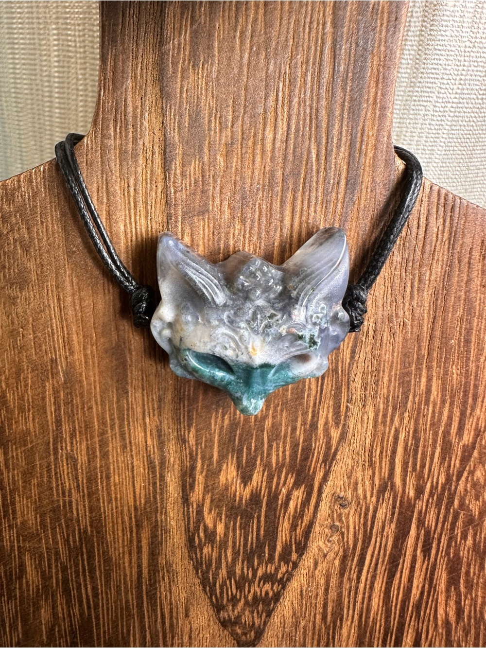 Natural Ocean Jasper Fox Mask Pendant Choker Necklace on Black Rope